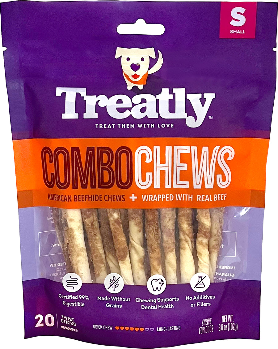 Treatly Combo Chews Twist Sticks W/Meat Wrap, Beef, sm-20 pk - Rawhide/ Body Parts