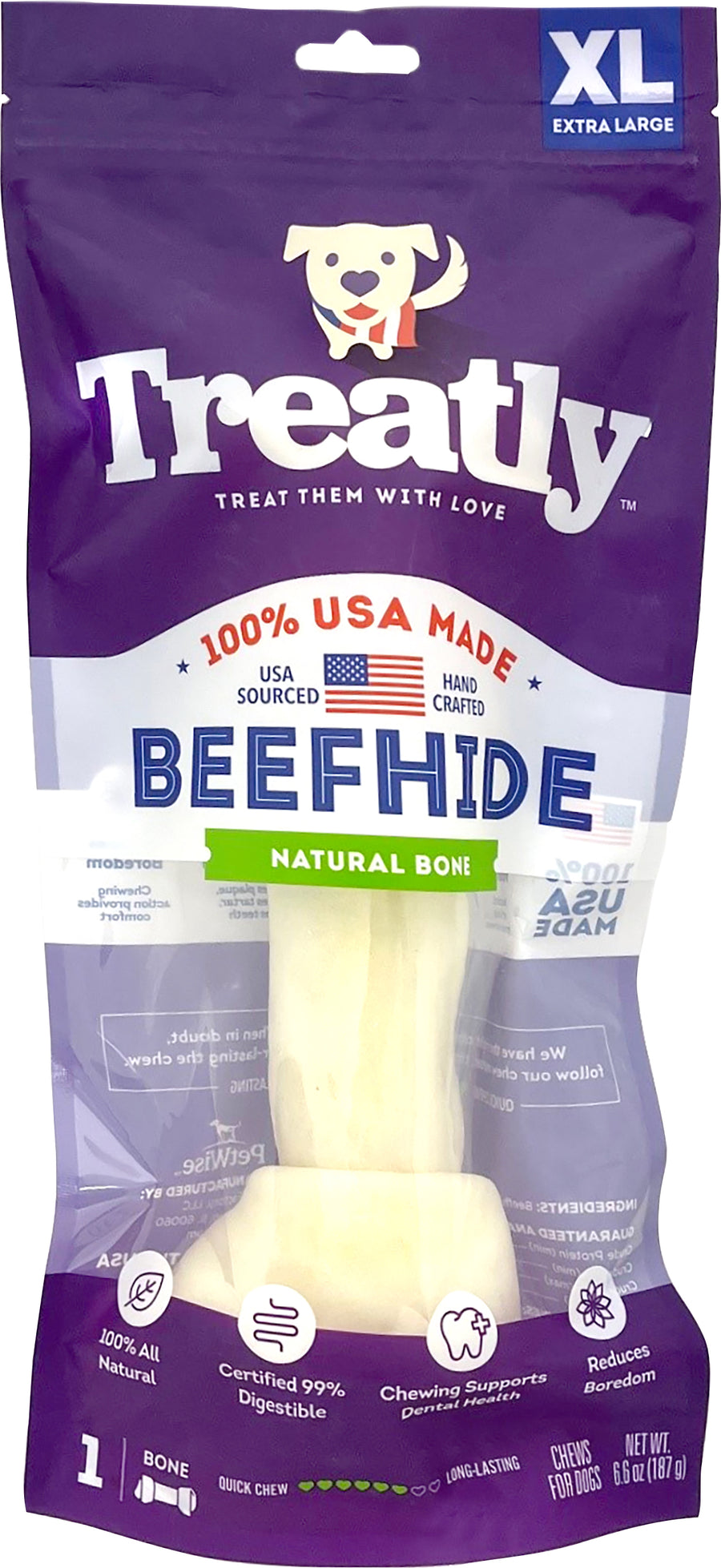 Treatly 100% USA Beefhide Bone W/Header Card, Natural, 11 in-1 pk - Rawhide/ Body Parts