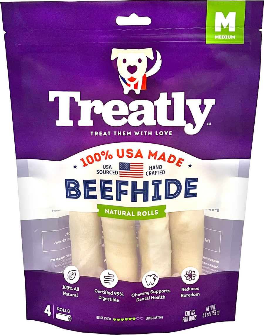 Treatly 100% USA Beefhide Rolls, Natural, 6 in-4 pk - Rawhide/ Body Parts