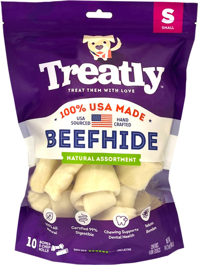 Treatly 100% USA Beefhide Bones & Rolls, Natural, sm-10 pk - Rawhide/ Body Parts
