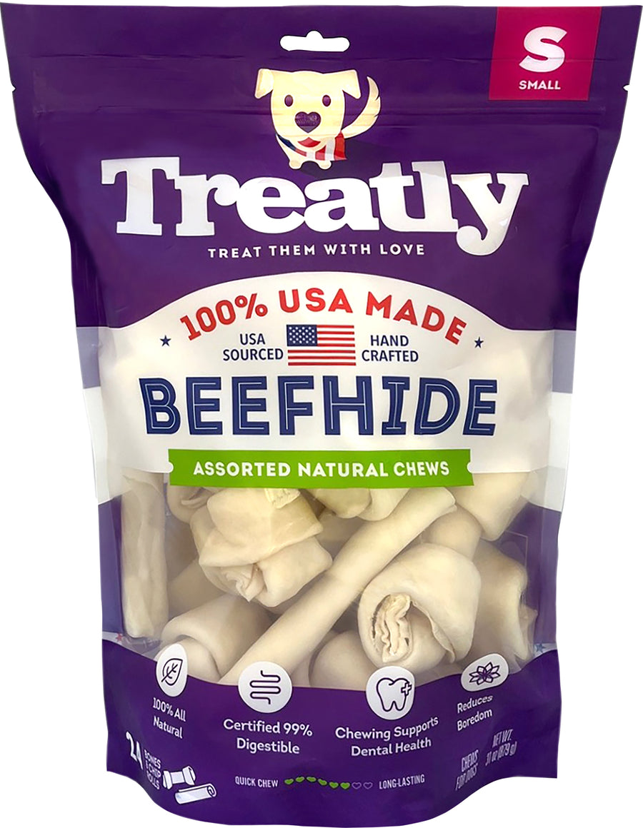 Treatly 100% USA Beefhide Bones & Rolls, Natural, sm-24 pk - Rawhide/ Body Parts