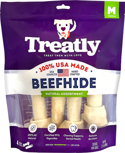 Treatly 100% USA Beefhide Bones & Rolls, Natural, md-4 pk - Rawhide/ Body Parts
