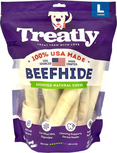 Treatly 100% USA Beefhide Bones & Rolls, Natural, lg-6 pk - Rawhide/ Body Parts