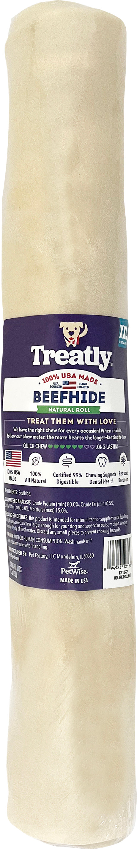 Treatly 100% USA Beefhide Heavy Weight Roll Banded, Natural, 12 in-1 pk - Rawhide/ Body Parts