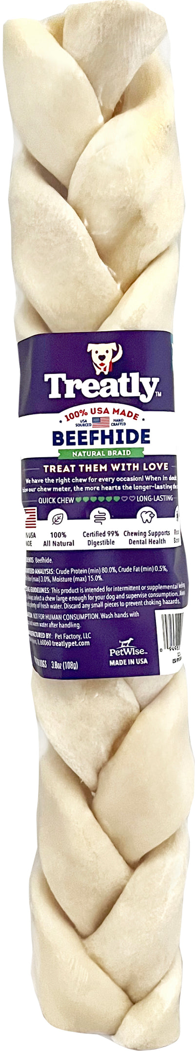 Treatly 100% USA Beefhide Braids, Natural, 12 in-1 pk - Rawhide/ Body Parts