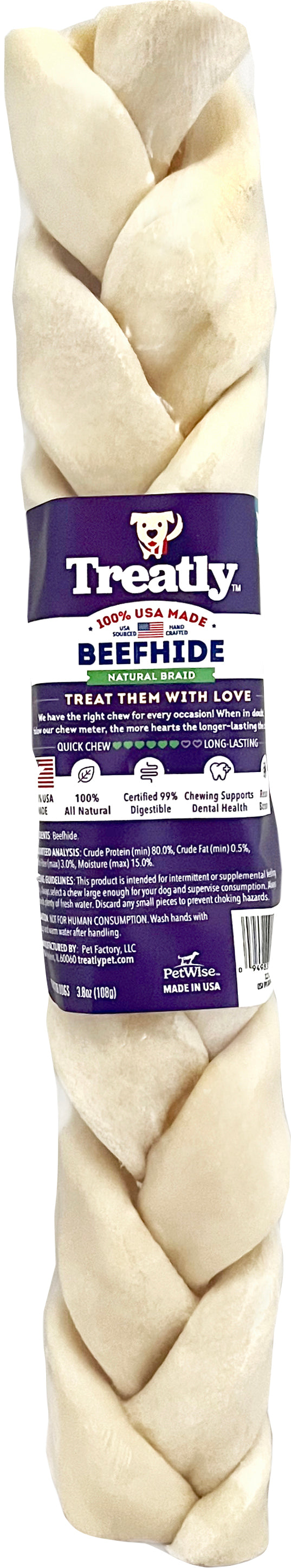 Treatly 100% USA Beefhide Braids, Natural, 12 in-1 pk - Rawhide/ Body Parts