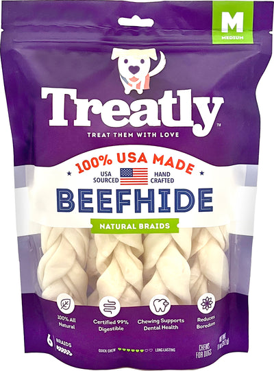 Treatly 100% USA Beefhide Braids, Natural, 7 in-6 pk - Rawhide/ Body Parts