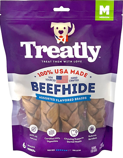 Treatly 100% USA Beefhide Braids, Chicken/Beef, 7 in-6 pk - Rawhide/ Body Parts