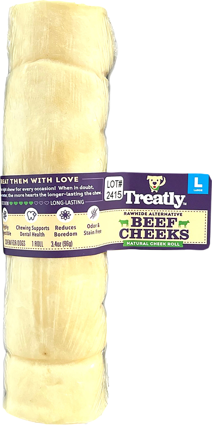 Treatly American Beef Cheek Roll, Natural, lg-6 in - Rawhide/ Body Parts