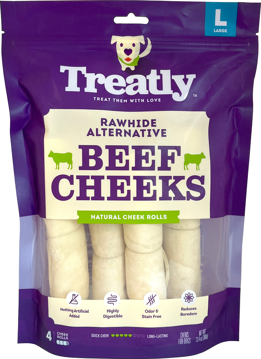 Treatly American Beef Cheek Roll, Natural, lg-6in-4 pk - Rawhide/ Body Parts