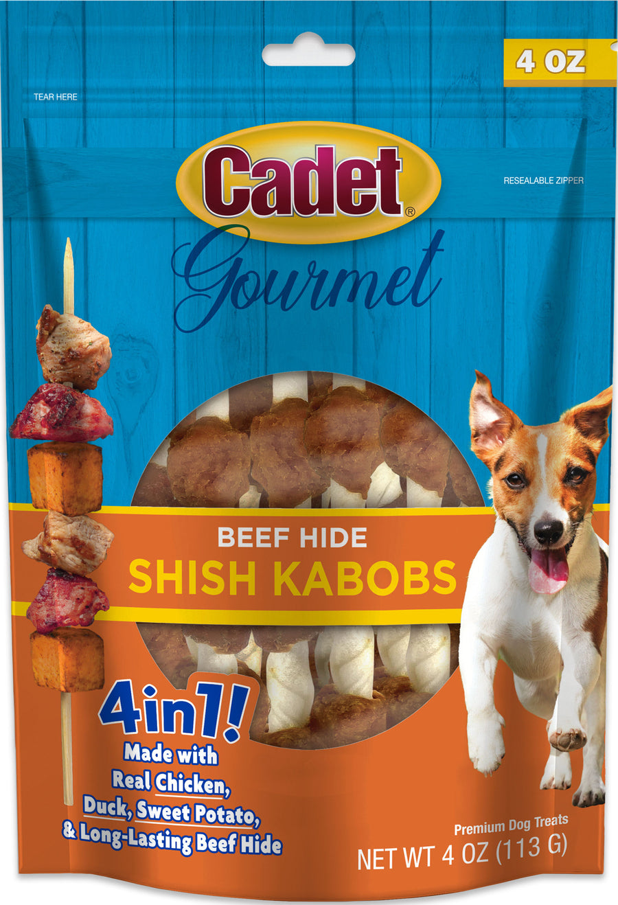 Cadet Gourmet Triple Flavored Shish Kabobs, Chicken/Duck/Sw Pot, 4 oz - Rawhide/ Body Parts