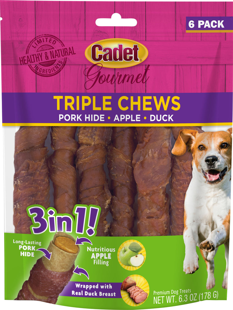 Cadet Gourmet Triple Chews, Pork Hide/Apple/Duck, 6 pk - Rawhide/ Body Parts