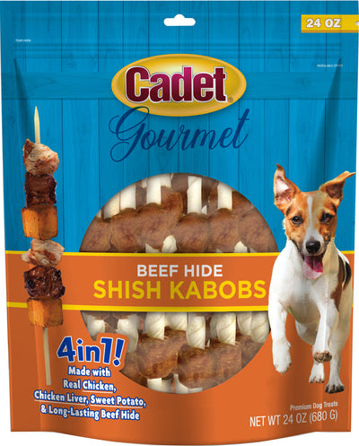 Cadet Gourmet Beef Hide Shish Kabobs 4 in 1, Chicken/Liver/Sw Pot, 5 In- 24 oz - Rawhide/ Body Parts