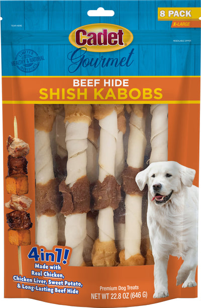 Cadet Gourmet Beef Hide Shish Kabobs 4 in 1, Chicken/Liver/Sw Pot, XL- 8 pk - Rawhide/ Body Parts