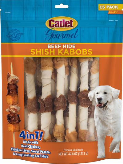 Cadet Gourmet Beef Hide Shish Kabobs 4 in 1, Chicken/Liver/Sw Pot, XL- 15 pk - Rawhide/ Body Parts