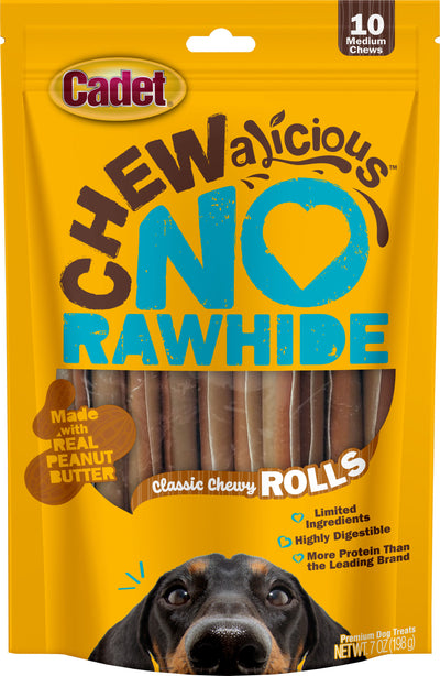 Cadet Chewalicious Rawhide-Free Rolls, Peanut Butter, 10 pk - Long Lasting Chews