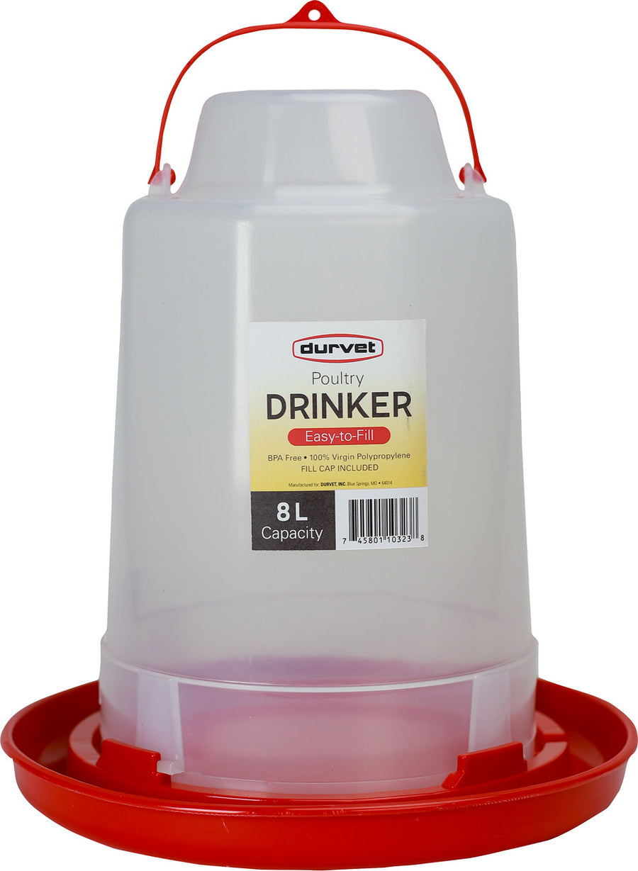 Durvet Poultry Drinker with Fill Cap, Clear/Red, 8 l - Waterer