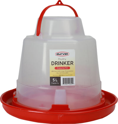 Durvet Poultry Drinker with Fill Cap, Clear/Red, 5 l - Waterer