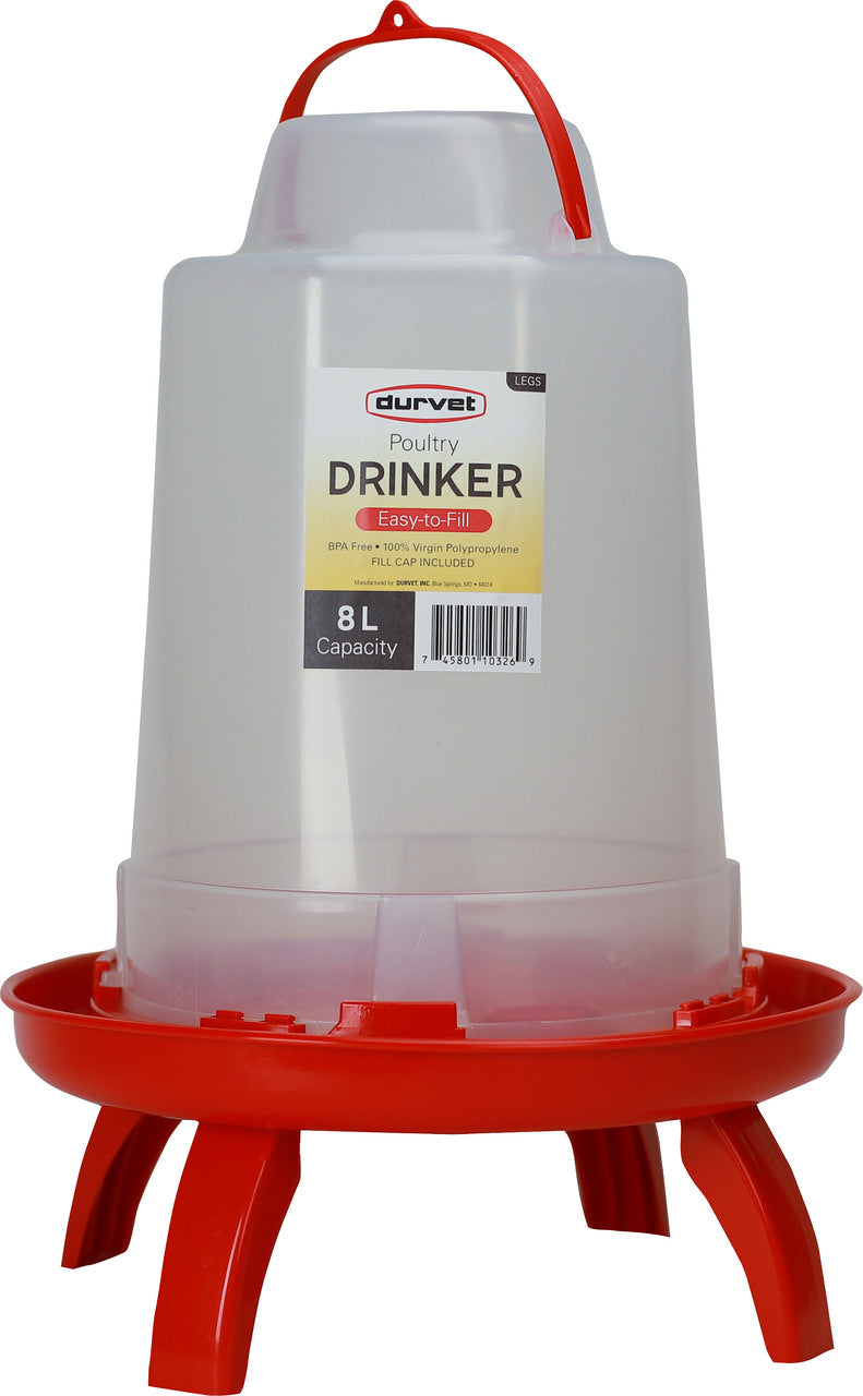 Durvet Poultry Drinker with Fill Cap and Legs, Clear/Red, 8 l - Waterer