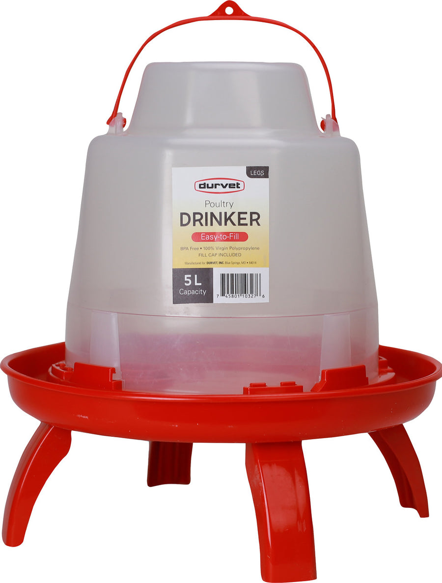 Durvet Poultry Drinker with Fill Cap and Legs, Clear/Red, 5 l - Waterer