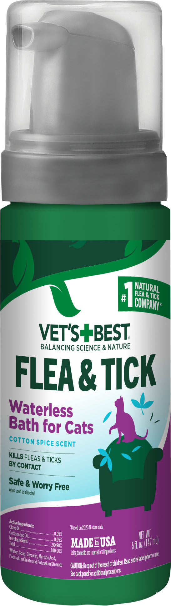 Vet's Best Flea & Tick Cat Waterless Bath, 5 oz - Shampoo/Dips