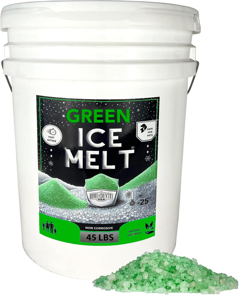 Home and Country USA Green Ice Melt Pail Effective to -25°F, Eco-Friendly De-Icer, Optimal Granule Size for Quick Melting, Ideal for Driveways, Walkways, and Entryways 45 lb Pail