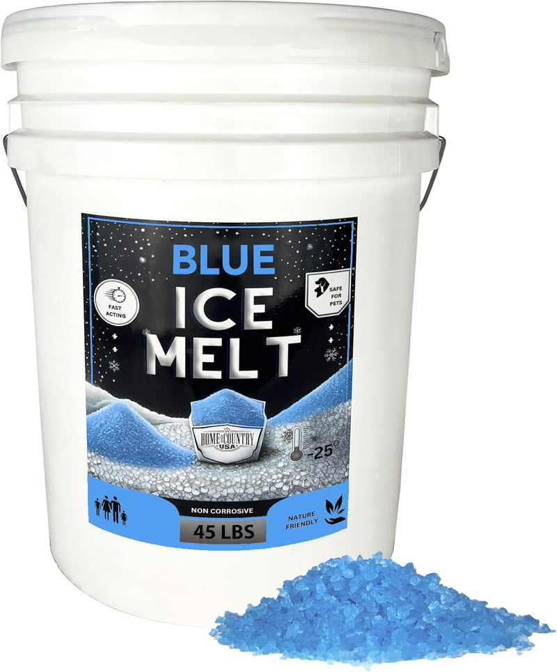 Home and Country USA Blue Ice Melt Pail Effective to -25°F, Eco-Friendly De-Icer, Optimal Granule Size for Quick Melting, Ideal for Driveways, Walkways, and Entryways 45 lb Pail