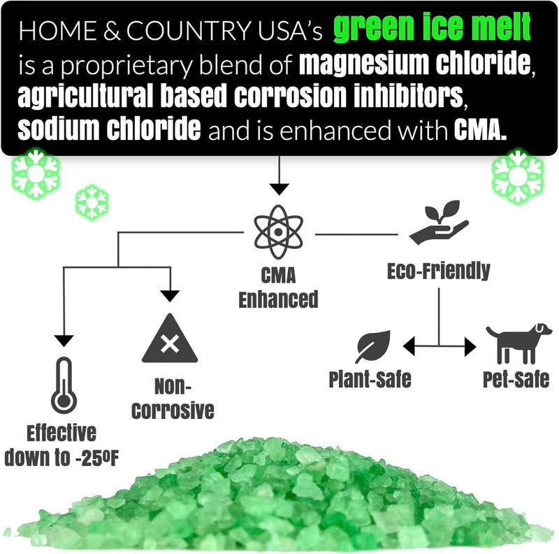 Home and Country USA Green Ice Melt Pail Effective to -25°F, Eco-Friendly De-Icer, Optimal Granule Size for Quick Melting, Ideal for Driveways, Walkways, and Entryways 45 lb Pail