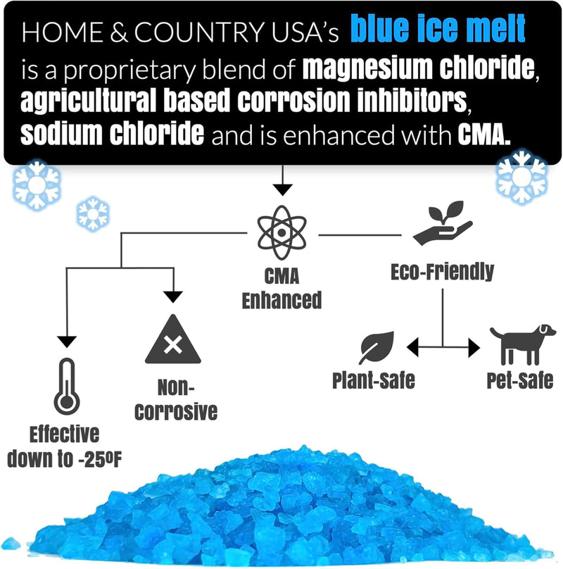 Home and Country USA Blue Ice Melt Pail Effective to -25°F, Eco-Friendly De-Icer, Optimal Granule Size for Quick Melting, Ideal for Driveways, Walkways, and Entryways 45 lb Pail