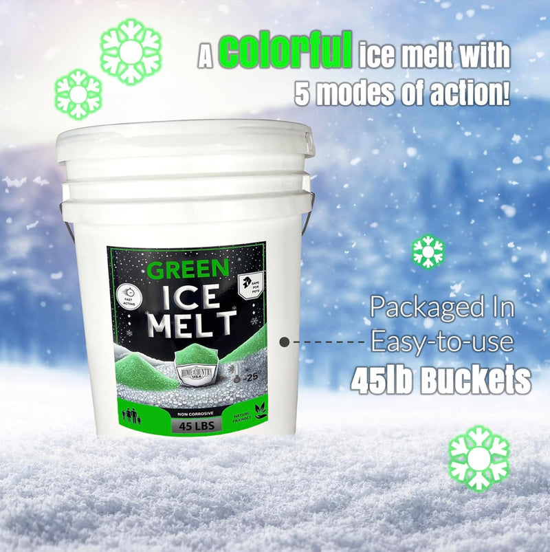 Home and Country USA Green Ice Melt Pail Effective to -25°F, Eco-Friendly De-Icer, Optimal Granule Size for Quick Melting, Ideal for Driveways, Walkways, and Entryways 45 lb Pail