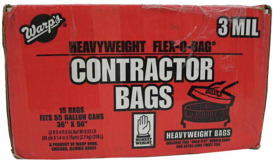 Warp's Heavyweight Flex-O-Bag Contractor Bags, Black, 55 gal-15 ct - Trash Bags