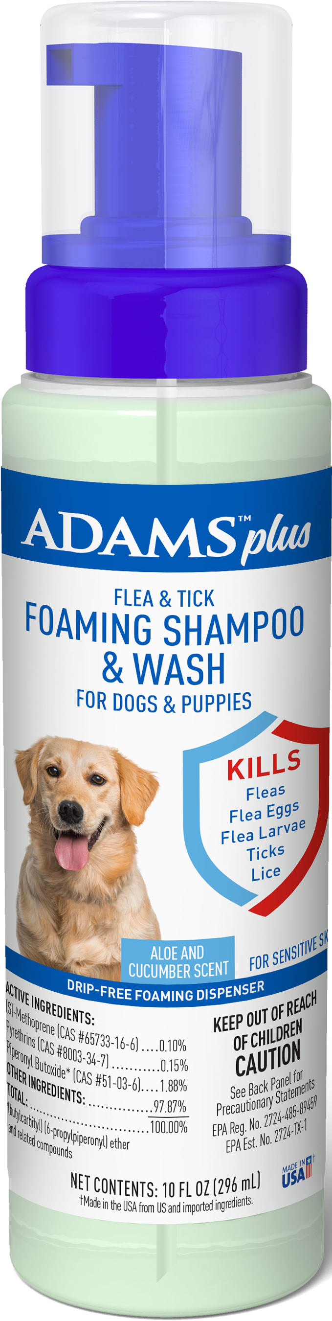 Adams Plus Flea & Tick Foaming Shampoo for Dogs, Aloe/Cucumber, 10 oz - Shampoos/Dips