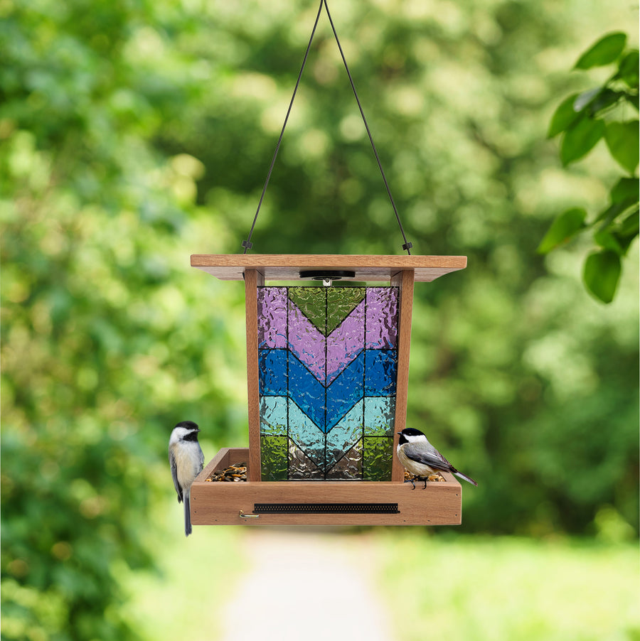 Wild Bird Lovers Solar Light Seed Feeder W/Stained Glass Design, Cedar, 1 lb Cap - Hopper Feeders Wooden