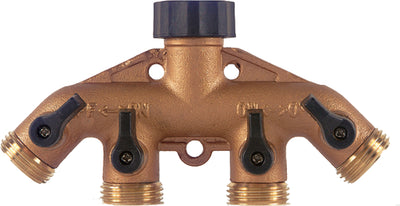 Melnor Metal 4 Way Hose Valve W/Built in Shut Off Valves, Brass, 5 in - Hose Parts and Accessories