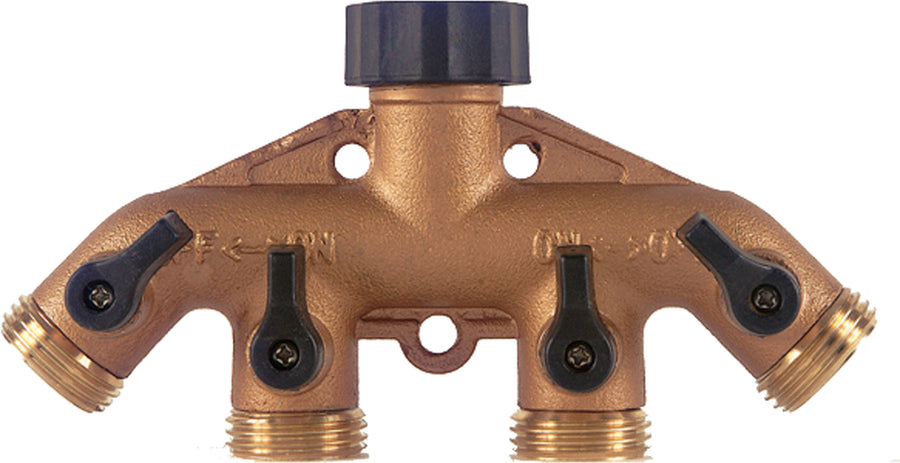 Melnor Metal 4 Way Hose Valve W/Built in Shut Off Valves, Brass, 5 in - Hose Parts and Accessories