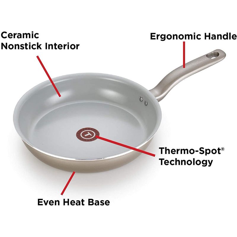 T-fal G919SE64 Initiatives Ceramic Nonstick Dishwasher Safe Toxic Free 14-Piece Cookware Set Gold