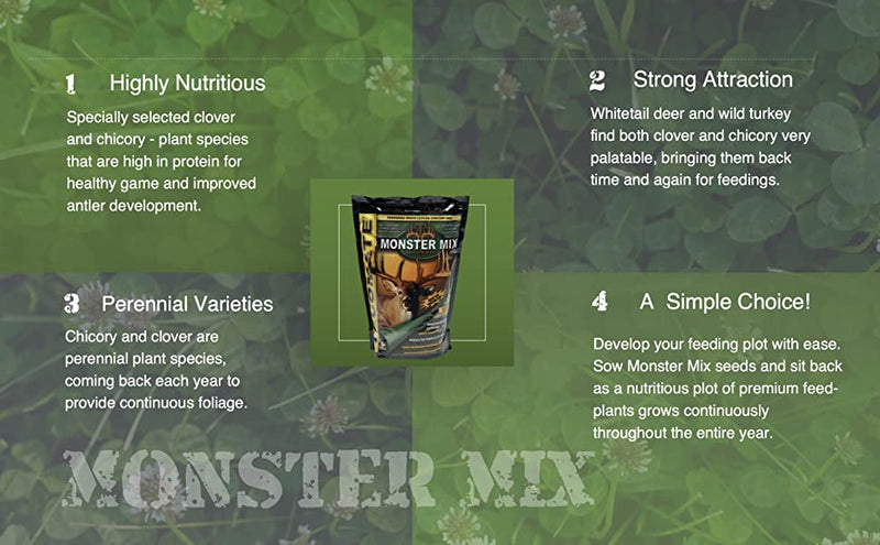 Tecomate Monster Mix Turkey and Deer Food Plot Seed. Premium Clover and Chicory Blends Provide Fall Attraction for Hunting Food plots and Year-Round Nutrition for Healthier Deer