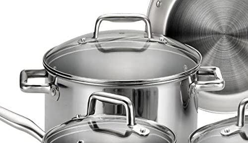 T-fal Stainless Steel Cookware, Multi-Clad, Dishwasher Safe and Oven Safe Cookware Set, Tri-Ply Bonded, 12-Piece, Silver, Model E469SC