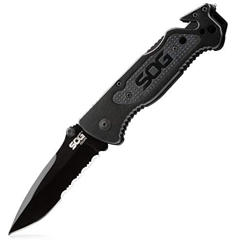 SOG Escape Tactical Folding Knife- 3.4 Inch Serrated Edge Blade Emergency Pocket Knife with Glass Breaker