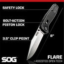 SOG Flare Folding Knife and Pocket Knife Assisted Opening Tech Knife w/ 3.5 Inch Stainless Straight Edge Blade & Tactical Knife GRN Grip (FLA1001-CP)
