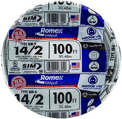 Southwire 28827423 100' 14/2 with ground Romex brand SIMpull residential indoor electrical wire type NM-B