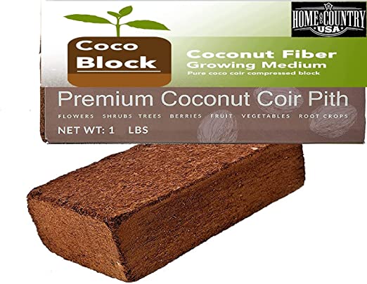 Home and Country USA Coco Brick- Premium Coconut Coir Pith with Low EC and pH - 100% Organic and OMRI Listed Potting Soil Substrate for Plants, Seeds, and Gardens (1 Block, 1 Pound)