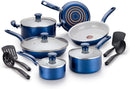 T-fal G918SE64 Initiatives Ceramic Thermo-Spot Heat Indicator Dishwasher Oven Safe Toxic Free Cookware Set, 14-Piece, Blue (New, Open Box, please see description)