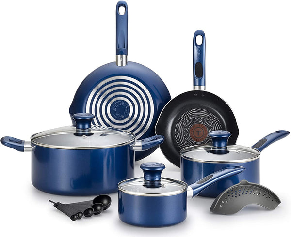 T-fal Excite ProGlide Nonstick Thermo-Spot Heat Indicator Dishwasher Oven Safe Cookware Set, 14-Piece, Blue