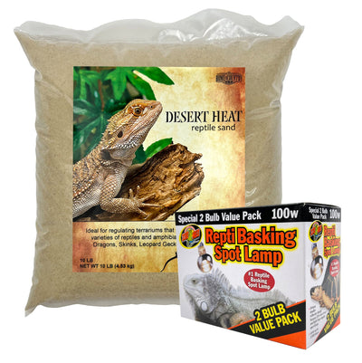 Zoomed 100W Basking Bulb Reptile Heat Lamp (2 Pack) with 10 Pound Bag of Desert Heat Reptile Sand - The Perfect Starter Pack