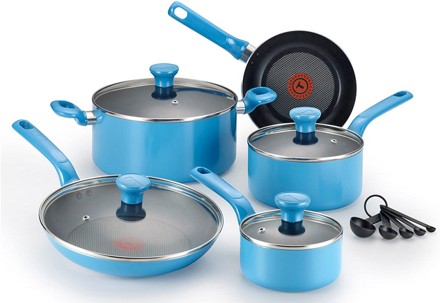 T-fal C512SE Excite Nonstick Thermo-Spot Dishwasher Safe Oven Safe PFOA Free Cookware Set, 14-Piece, Blue